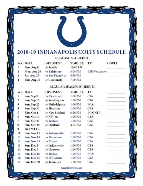 Printable 2018-2019 Indianapolis Colts Schedule