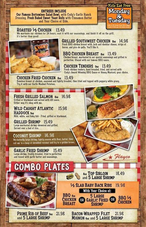 Menu of Cody's Original Roadhouse in Bradenton, FL 34207