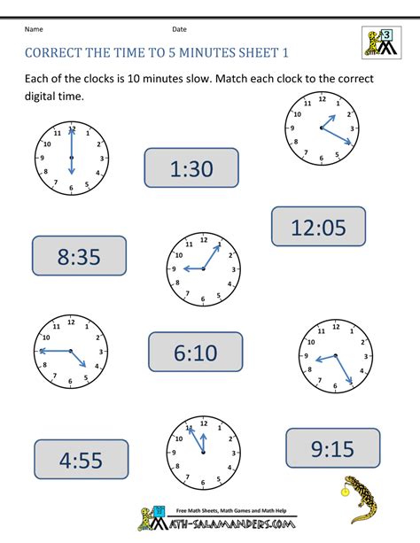 Telling Time to 5 minutes Worksheets