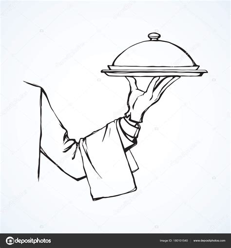 Hand of waiter with dish. Vector drawing Stock Vector by ©Marinka 180101540