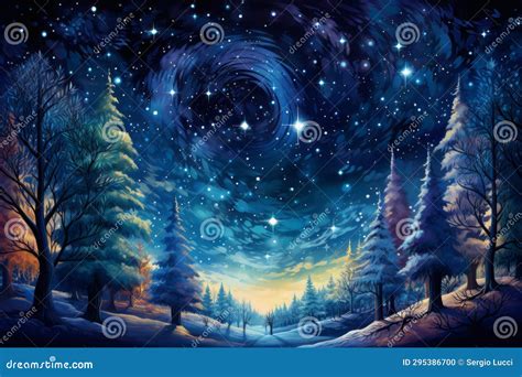 Starry Night Over a Forest. Fantasy Landscape Stock Illustration ...