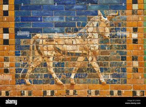 Coloured glazed brick panels of the facade of the first smaller Ishtar Gate, Babylon, dating ...