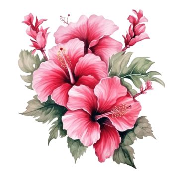 Hibiscus Bouquet In Watercolor With A Curve Decoration, Hibiscus, Watercolor, Botanical PNG ...