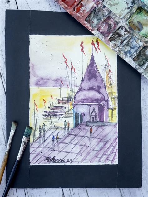 Varanasi Ghat | Watercolor Painting | Artwork by Shiva | Exotic India Art