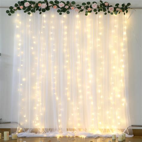 Buy White Tulle Backdrop Curtain with Lights String for Parites 10×8ft ...