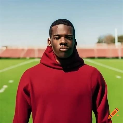Athletic man in a red sweatshirt on a sunny football field on Craiyon