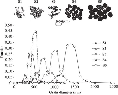 Shape and diameter of the main sand particles (top) and their particle... | Download Scientific ...