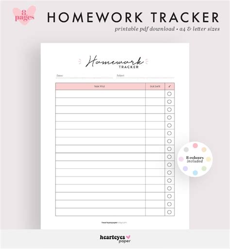 Homework Tracker Printable Planner Homework Planner - Etsy