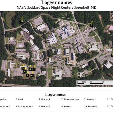 Map of Goddard Space Flight Center. Flags indicate locations of loggers ...