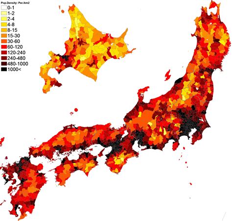 154.Population density (administrative boundaries) map of Japan.日本の人口密度 ...