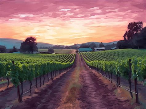 Premium AI Image | A painting of a vineyard with a sunset in the background.