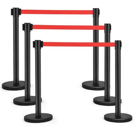 Costway 6Pcs Black Stanchion Posts Queue Pole Retractable Red Belt Crowd Control Barrier ...