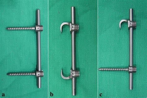 Photographs of (a) the pedicle screws, (b) the lamina hooks and (c) the... | Download Scientific ...