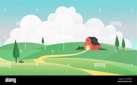 Farm summer landscape vector illustration. Cartoon farmland countryside ...