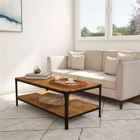 Wood Coffee Table- Bronze Metal Frame & 2 Shelves for Living Room Storage or Display-Industrial ...