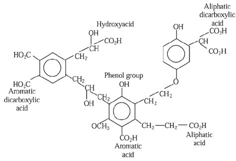 Hypothetical molecular structure of humic acid, showing important... | Download Scientific Diagram