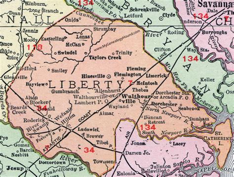 Liberty County, Georgia, 1911, Map, Hinesville, Walthourville, Ludowici ...