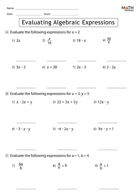 Evaluating Algebraic Expressions Worksheets - Math Monks