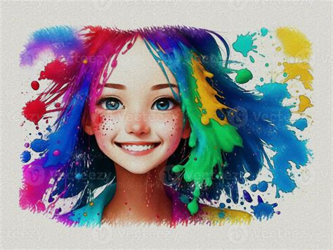 Watercolor cute girl with colored art illustration on white paper texture background 26820999 ...