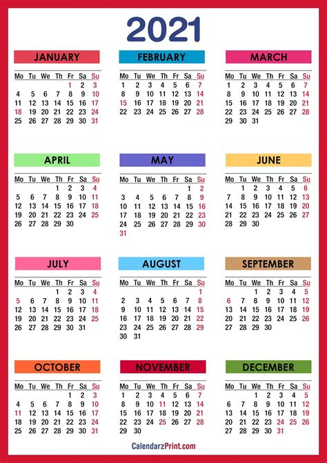 2021 Calendar Printable One Page - Printable Calendar 2023