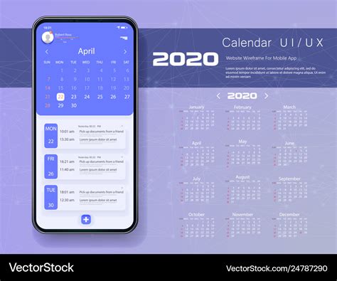 Mobile app calendar 2020 week start sunday Vector Image