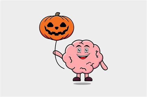 Premium Vector | Cute cartoon brain floating with pumpkin halloween balloon in flat cartoon icon ...