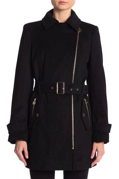 MICHAEL Michael Kors Belted Asymmetrical Zip Wool Blend Coat in Black ...