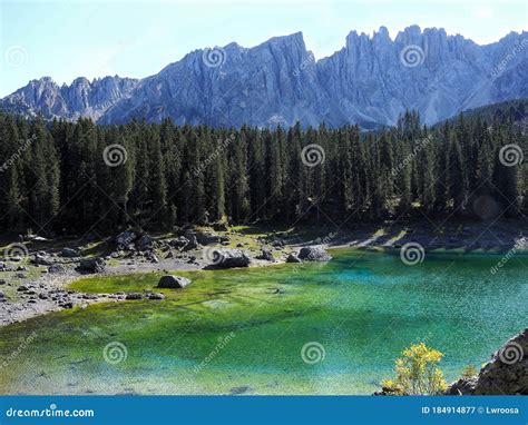 Lake Carezza stock image. Image of colorful, mountains - 184914877