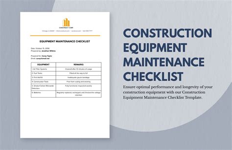 Construction Equipment Maintenance Checklist Template in Word, Google ...