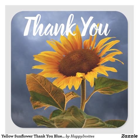 Yellow Sunflower Thank You Blue Floral Heart Square Sticker in 2021 ...