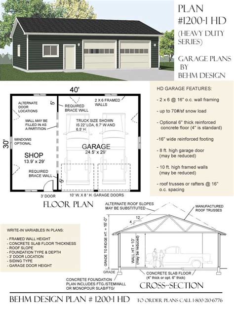 Heavy Duty SUV Truck Garage Shop Plan 1200-1HDR 40' x 30' | Garage ...