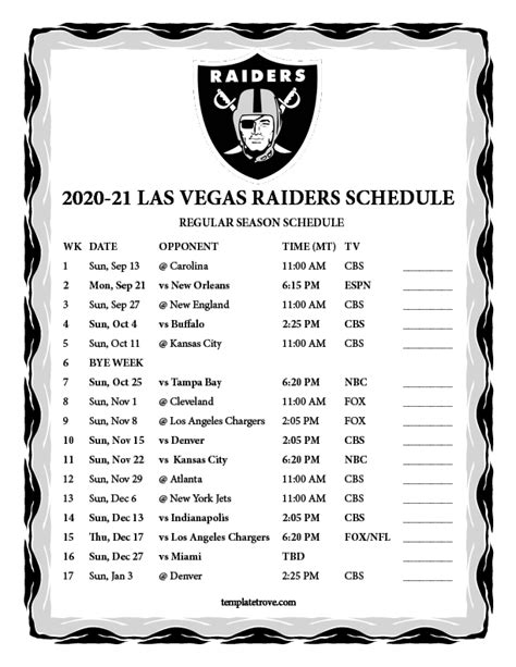 Printable 2020-2021 Las-Vegas Raiders Schedule