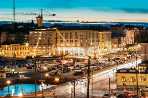 Helsinki, Finland. Evening Night View of Market Square and Traff Stock Photo - Image of house ...