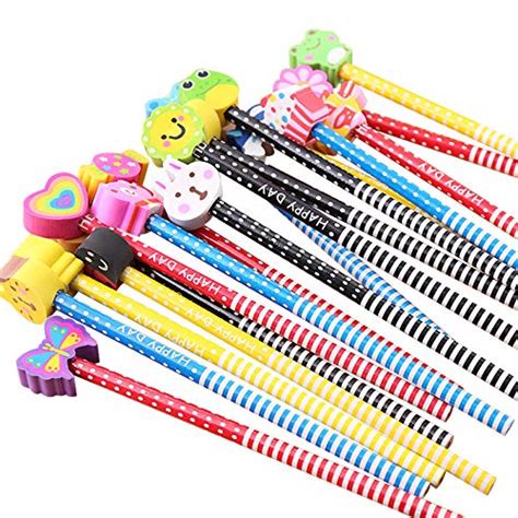 BUSHIBU Kids Wooden Pencils 12 Pack Colorful Stripe Pencil With Cute Cartoon Animals Eraser for ...