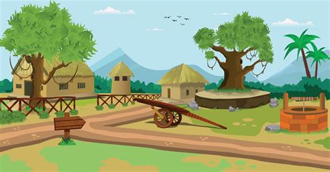 Cartoon background village scene vector illustration with old houses ...