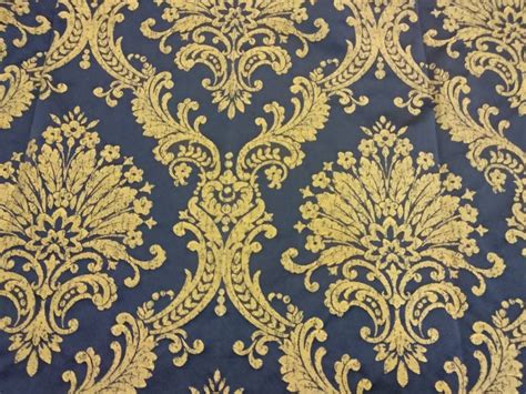 Blue Gold Large Regal Damask Jacquard Fabric,Stripes & Small floral ...