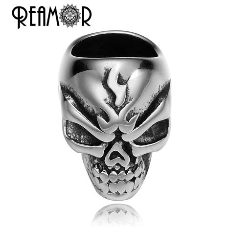 REAMOR 316L Stainless Steel Beads Gothic Punk Skull Beads Paracord Spacer Charm Beads For DIY ...