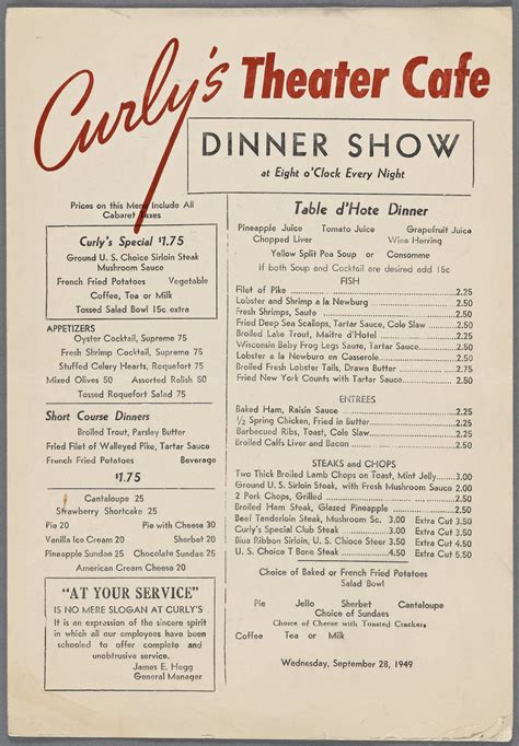 1949 Dinner Menu from Curly's Theater Cafe [x-post /r/VintageMenus] : r/Minneapolis