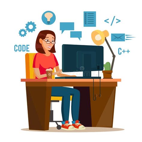 Programmer Woman Vector. Programmer Workspace. Stock Vector ...