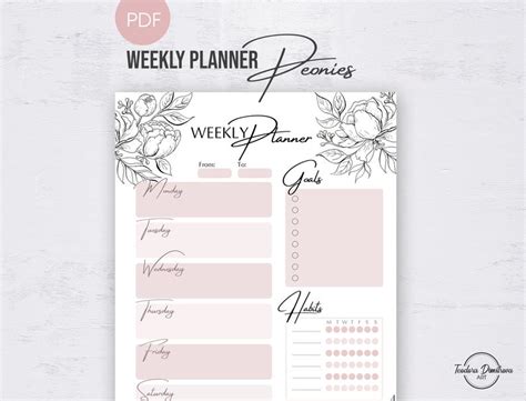 Printable Weekly Planner Pages Aesthetic Planner Inserts | Etsy Peony Flower, Flower Art ...