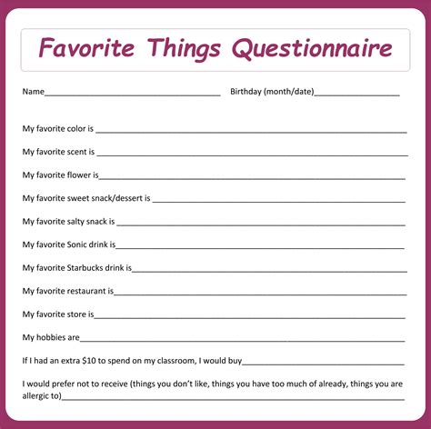 Printable My Favorite Things Template - Printable JD