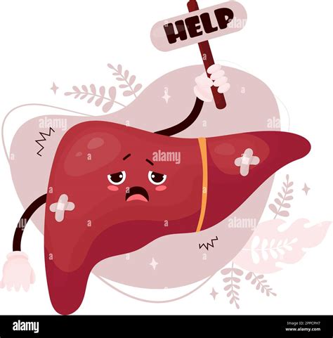 Unhappy sad cartoon liver. Cute character human organ is sick, suffering and asking for help ...