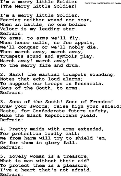 Old American Song - Lyrics for: I'm A Merry Little Soldier, with PDF