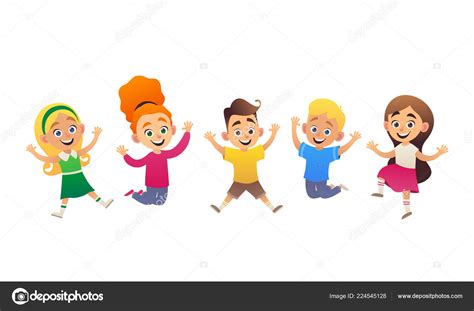 Vector Illustration Funny Cartoon Children Jumping Having Fun White Background Stock Vector ...