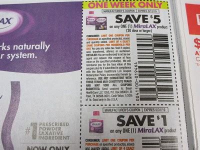 15 Coupons $5/1 MiraLax 20 Dose 5/12/2019 + $1/1 Miralax Product 5/31/2019