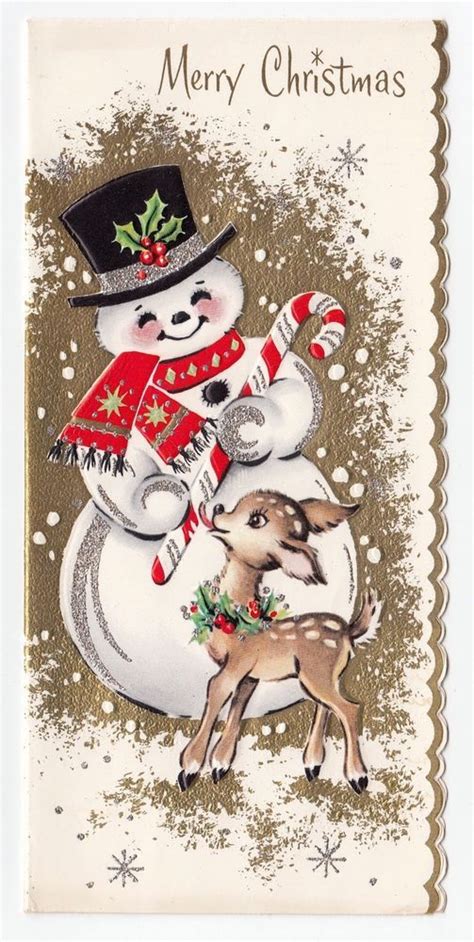 Vintage Greeting Card Christmas Cute Snowman Deer Reindeer Candy Cane ...