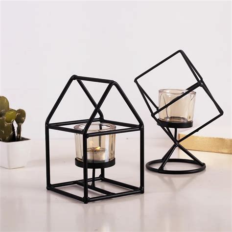 1Set Nordic style Iron Candlestick Holder 3D Geometric House Candle Racks with Candles Cup Home ...