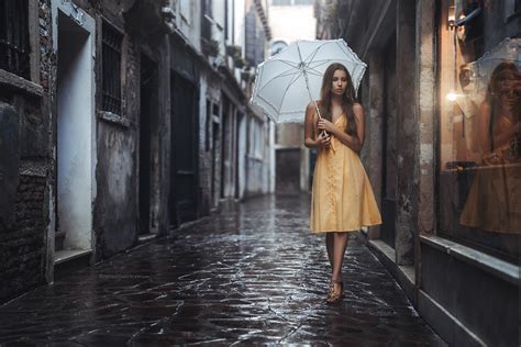 girls, model, hd, umbrella, rain, yellow dress HD Wallpaper