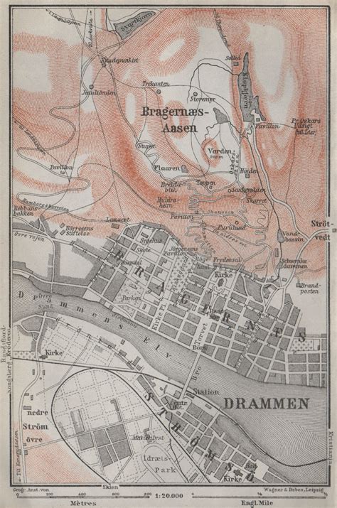 DRAMMEN antique town city byplan. Norway kart. BAEDEKER 1909 old map