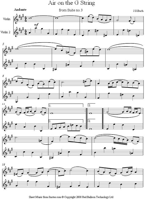 violin duet bach air sheet music - 8notes.com